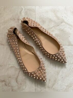 Christian Louboutin Anjalina Rose Gold Metallic Spiked Pointed-toe Flats Sz 6.5